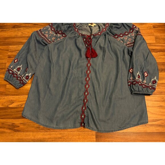 Style & Co Women's Embroidered Peasant Top Size 1X Blue Boho Tassel Tie Pullover - Picture 9 of 12